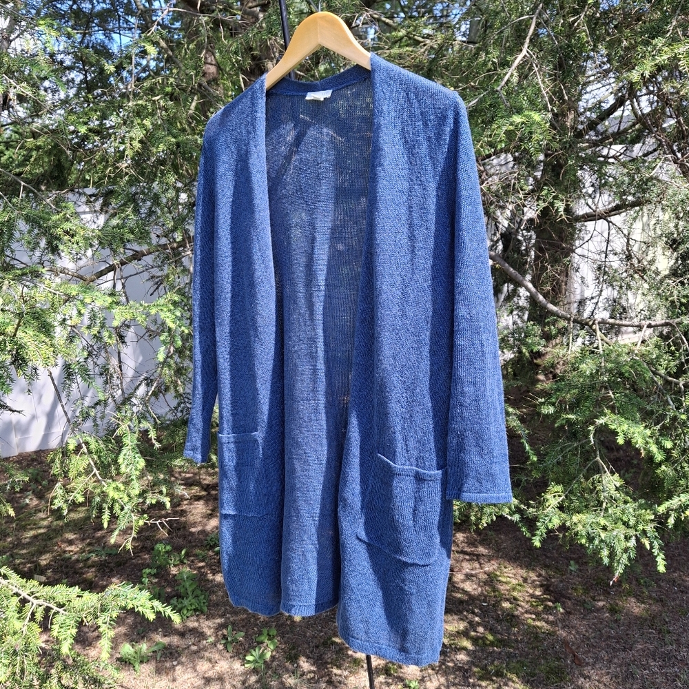 J. Jill Blue Open-Front Medium Petite Linen Sweater